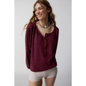 Out From Under Erin Slouchy Henley Top Maroon Oversized Urban Out  Large Waffle